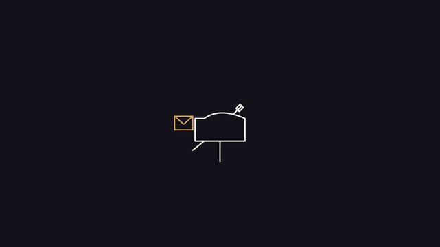 Minimalist line art animation of an envelope flying into a mailbox, representing email, post, and communication concepts on a dark background.