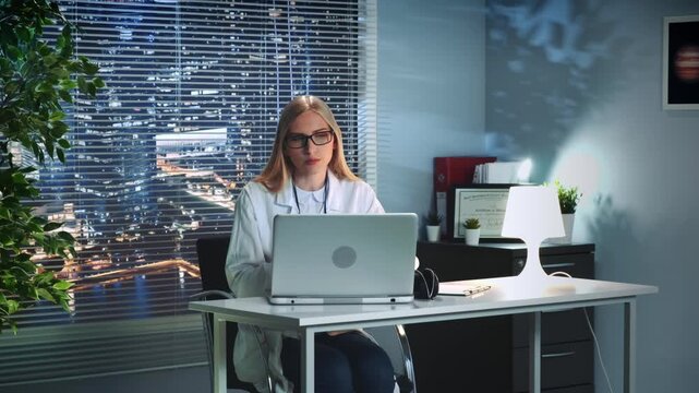 A female psychologist in a white lab coat speaks and gestures during an online therapy session in a modern office at nighttime with city skyscrapers visible through the window.