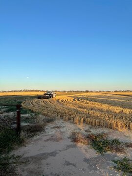 Farm ute and trailer parked in a freshly harvested wheat field at sunset near Rainbow, Victoria