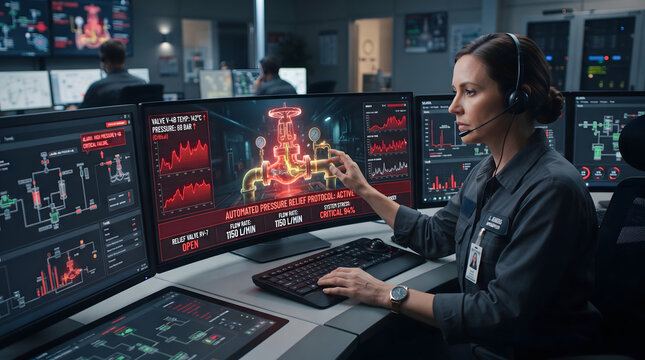 Female chemical plant operator wearing uniform and headset pointing at panoramic curved display with glowing 3D pressure relief valve schematic in industrial operations control room