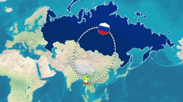 Animated map graphic showing diplomatic relations between Russia and Myanmar