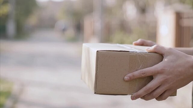 Delivery person holding cardboard box package for shipping service outdoors