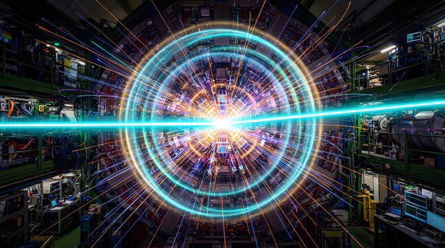 High energy particle collision shockwave with concentric glowing cyan rings and quantum particle tracks inside massive circular detector chamber of subatomic physics research laboratory