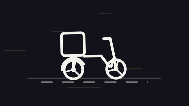 Minimalist flat animation of a delivery bicycle on dark background. 2D vector motion graphic of food delivery courier bike riding on the road with speed lines.