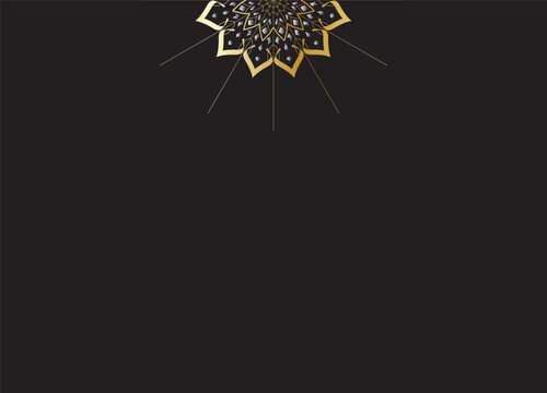 Luxury black horizontal background with silver and gold floral mandala ornament on top center