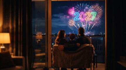 Obraz premium Family watching neon 2027 fireworks from home balcony capturing New Year's Eve celebration with cozy togetherness for future outlook and holiday greeting card design.