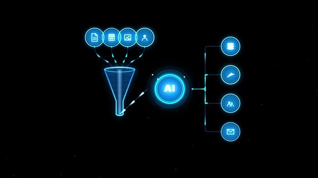 AI neural data processing funnel with connected digital outputs
