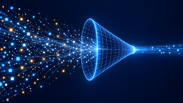 Abstract digital data funnel compressing scattered information particles into concentrated fast network transmission beam.