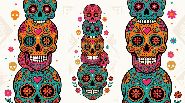 Sugar skulls stacked vertically in colorful patterns with floral details.