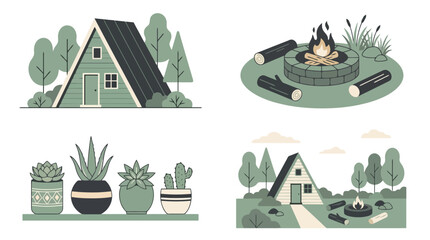 Obraz premium Collection of illustrations depicting A-frame cabins, a campfire scene, and potted succulents, set against a minimalist natural backdrop.
