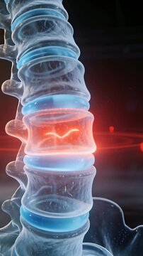 Vertical video: Starting red glow in spine blue discs, level pulsing, orbs in 3D medical animation