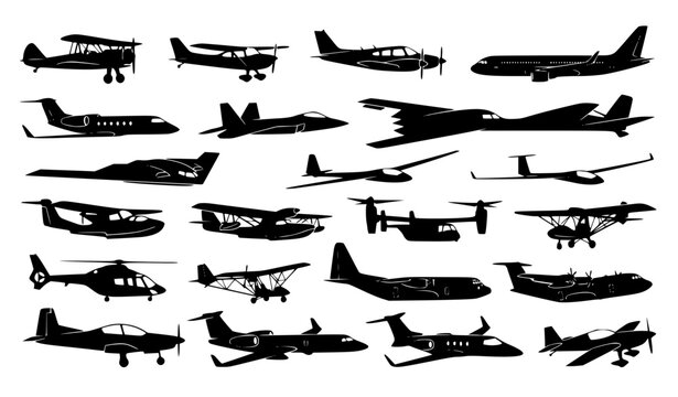 Aviation Aircraft Black Silhouette Collection with Commercial Military and Recreational Planes