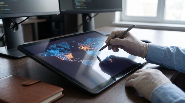 Graphic designer using a digital pen on a tablet to edit a glowing world map.
