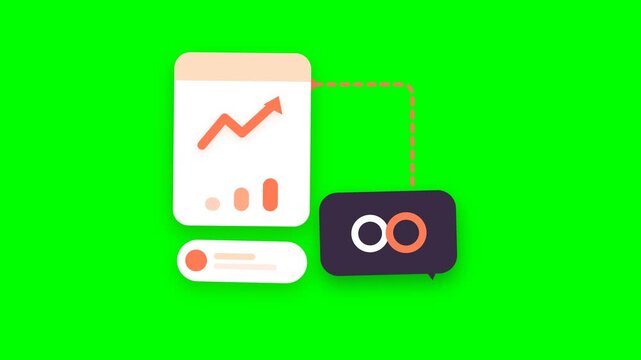 3D style vector animation of a growth chart document, bottom status pill, connection pathway, and communication speech bubble with infinity loops on green screen.