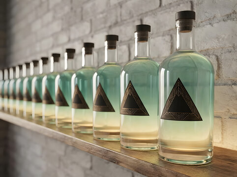 Perspective view of glass beverage bottles with cork stoppers lined up in a bar or distillery shelf