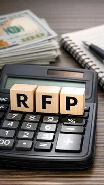 Request for Proposal RFP wooden blocks on a calculator with cash