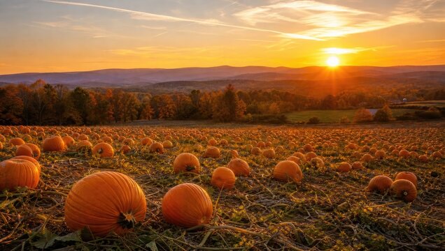 Vibrant orange pumpkin patch field extends toward rolling hills under golden sunset sky for autumn harvest season background at rural agriculture farm land.