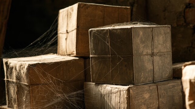 Old dusty vintage wooden cube boxes stacked with cobwebs in dim light against brick wall background