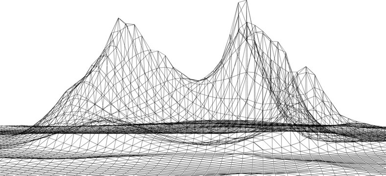 3D Mountain Wireframe Landscape Digital Geometric Grid Vector Illustration