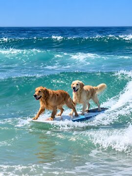 Two Golden Retriever Dogs Surfing Together on an Ocean Wave in California