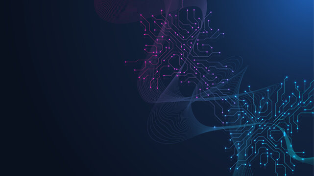Motherboard digital abstract background. AI circuit board technology texture design. Semiconductor and computer processor on tech banner template concept. Vector illustration