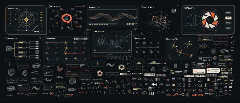 Industrial cyber micrographics archive vector elements set