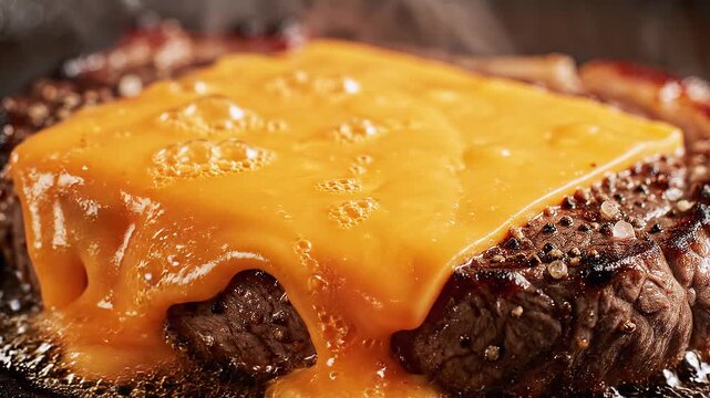 Melted cheese cascading over grilled meat in a sizzling macro close-up, rich and savory