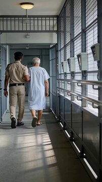 Vertical video: After escort call khaki officer guiding senior in gown along corridor past monitors