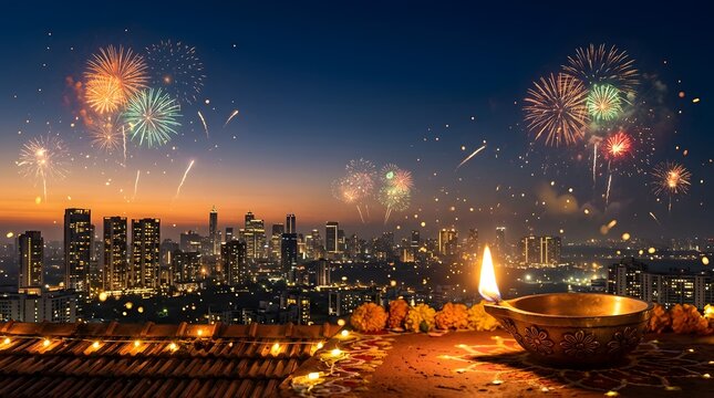 Spectacular diwali celebrations illuminate the night sky with vibrant fireworks over a bustling cityscape spreading joy and light