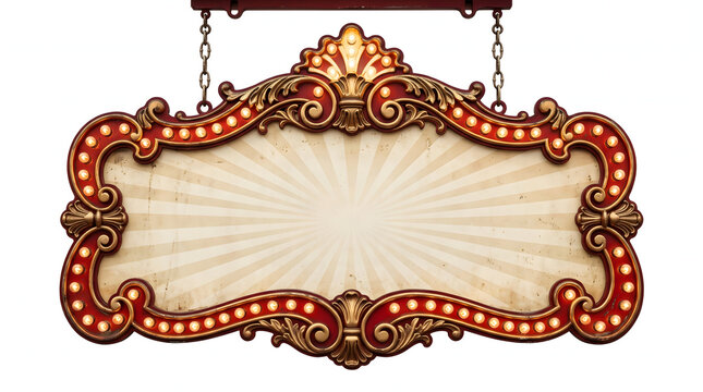 Vintage circus carnival marquee signboard with glowing illuminated light bulbs and ornate gold rococo filigree frame hanging by chains isolated on a pure white background with copy space