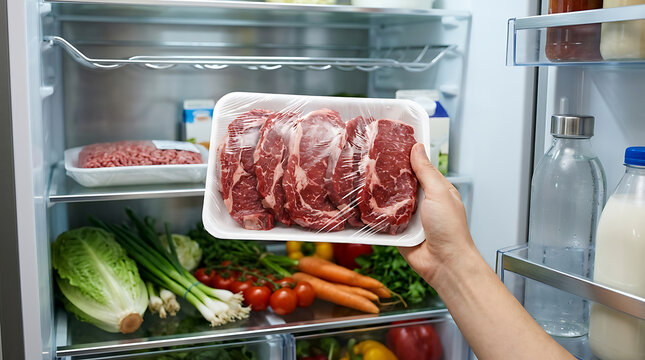 Hand placing fresh raw beef steaks into a clean refrigerator filled with healthy produce and meal essentials