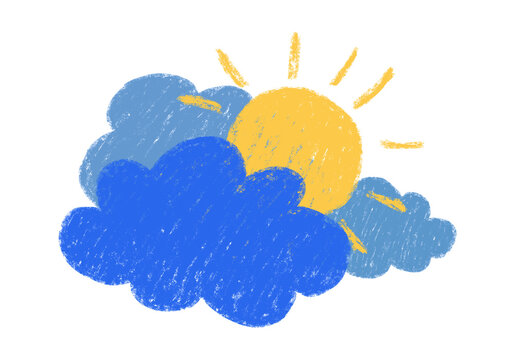 Hand drawn weather illustration showing a bright golden sun partially covered by blue clouds, representing partly cloudy conditions, changing weather, and a soft playful sky scene.