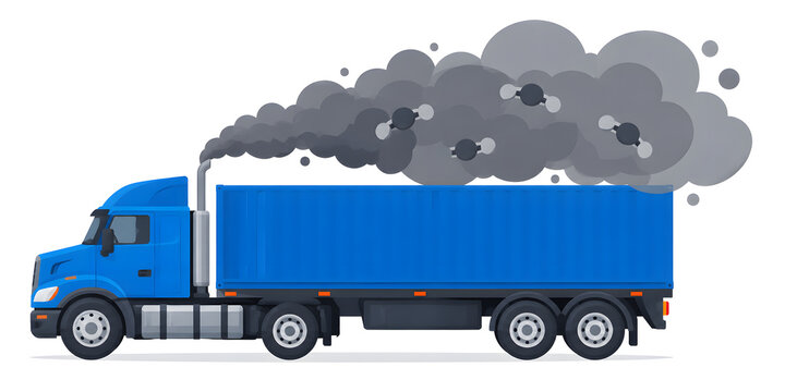 Blue semi truck with shipping container emitting heavy CO2 exhaust smoke vector illustration, carbon dioxide air pollution and environmental impact of transport concept isolated on white