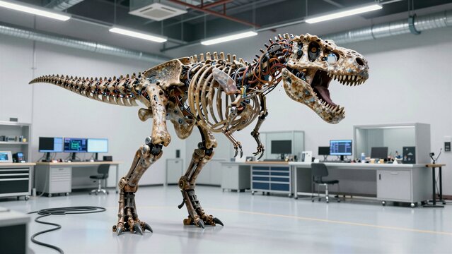 A mechanical Tyrannosaurus Rex stands poised for testing inside a modern laboratory filled with tech equipment and monitors.