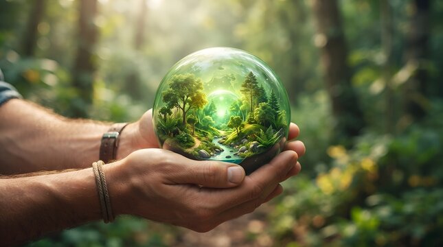 Eco-friendly glass sphere containing a miniature forest, hands holding a green ecosystem globe, environmental conservation and sustainability concept