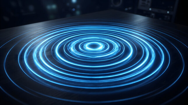 Concentric glowing neon blue circular energy ripples expanding smoothly across a dark metallic surface representing modern wireless charging technology and acoustic sound wave resonance