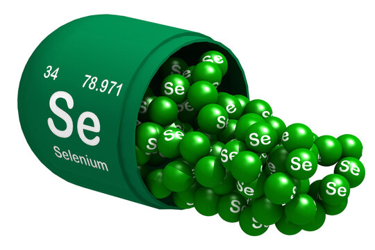 Open capsule with selenium element. Body essential element. Supplement capsule