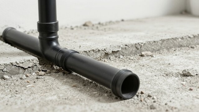 Black radon mitigation pipe embedded within cracked concrete foundation for safe indoor air quality.