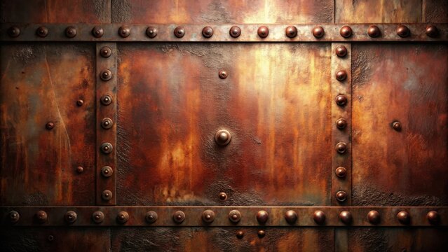 Rustic Aged Metal Panel with Decorative Rivets and Stripes, Ideal for Backgrounds and Textures