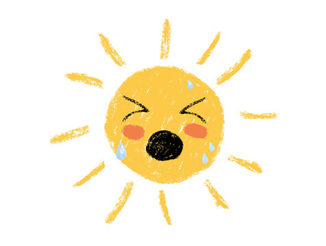 Hand drawn yellow sun with a sweating, tired facial expression and radiating rays, representing hot weather, heat, summer, exhaustion, and uncomfortable high temperatures.