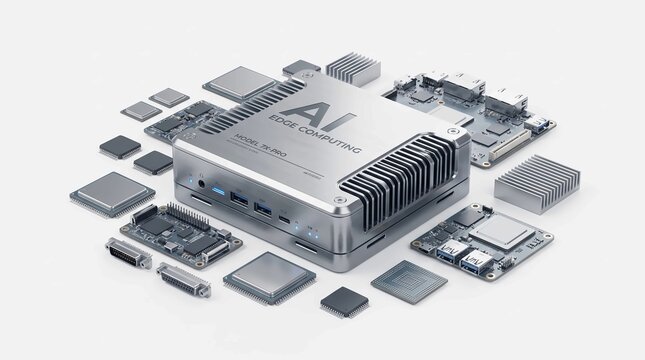 Modern artificial intelligence edge computing server box surrounded by various hardware circuit components on white background