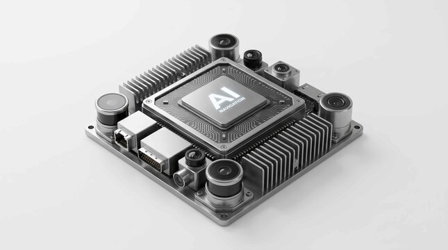 Advanced artificial intelligence navigation processor board featuring metallic heat sinks and multiple optical camera lenses on white background