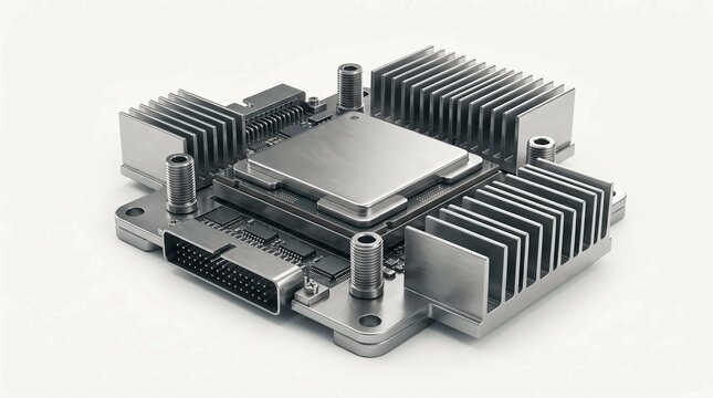 Metallic computer processor unit featuring integrated aluminum cooling fins and electronic circuitry isolated on white background