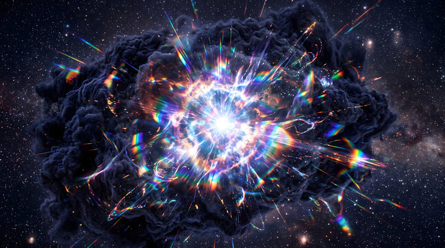Cosmic supernova explosion bursting through dark interstellar gas cloud with prismatic rainbow light rays and radiant shockwaves creating an epic space phenomenon astronomy artwork
