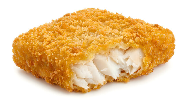 Crispy golden breaded fish fillet is a tasty snack bite showing white flaky meat inside