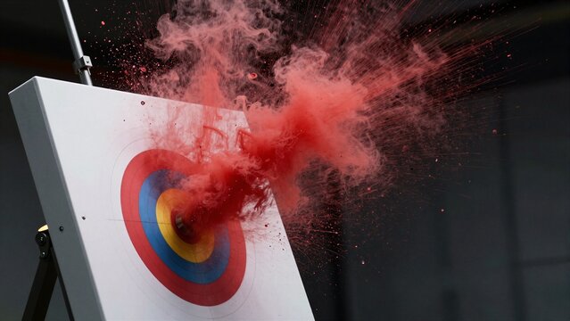 A biathlon shooting target explodes with red smoke and sparks after a precise shot, symbolizing high-impact precision in winter sports.