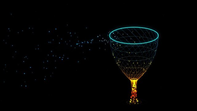 Cinematic digital data refinery filtering particles into a glowing funnel