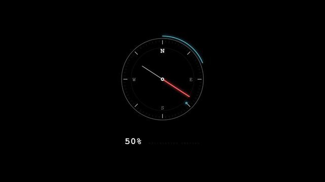This video depicts a digital compass rotating clockwise on a black screen. A percentage indicator below it climbs steadily from 11% to 79%, suggesting a loading or calibration sequence.