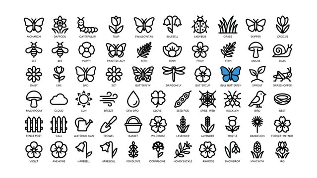 A comprehensive set of outline icons featuring various garden flowers insects and nature elements for web design and projects