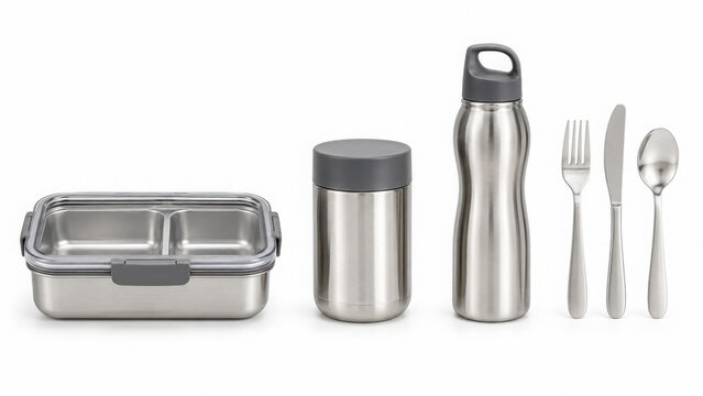 Stainless steel meal prep kit with lunch box bottle thermos cutlery